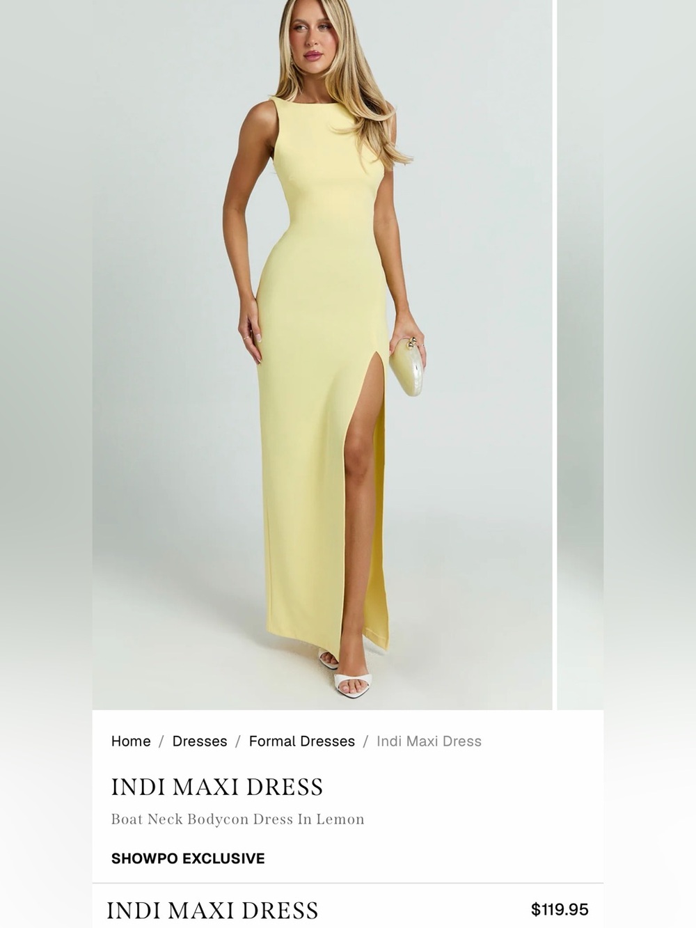 Showpo NDI Lemon Boat Neck Maxi Dress with Side Slit